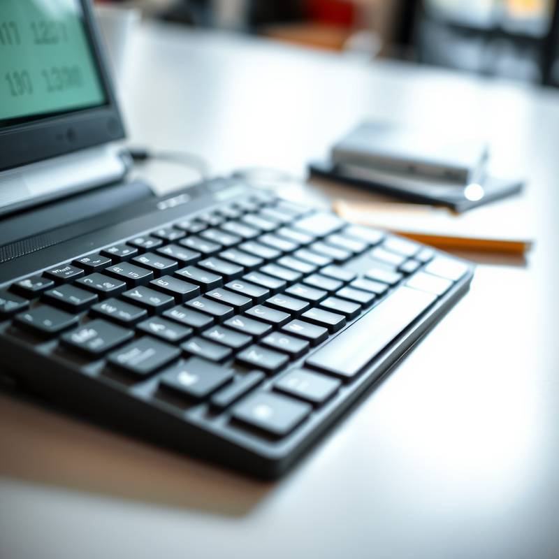 Imagem de um teclado adaptado com teclas grandes e cores contrastantes, projetado para facilitar o uso por pessoas com deficiência visual ou motora. O teclado está sobre uma mesa clara, com um fundo desfocado.